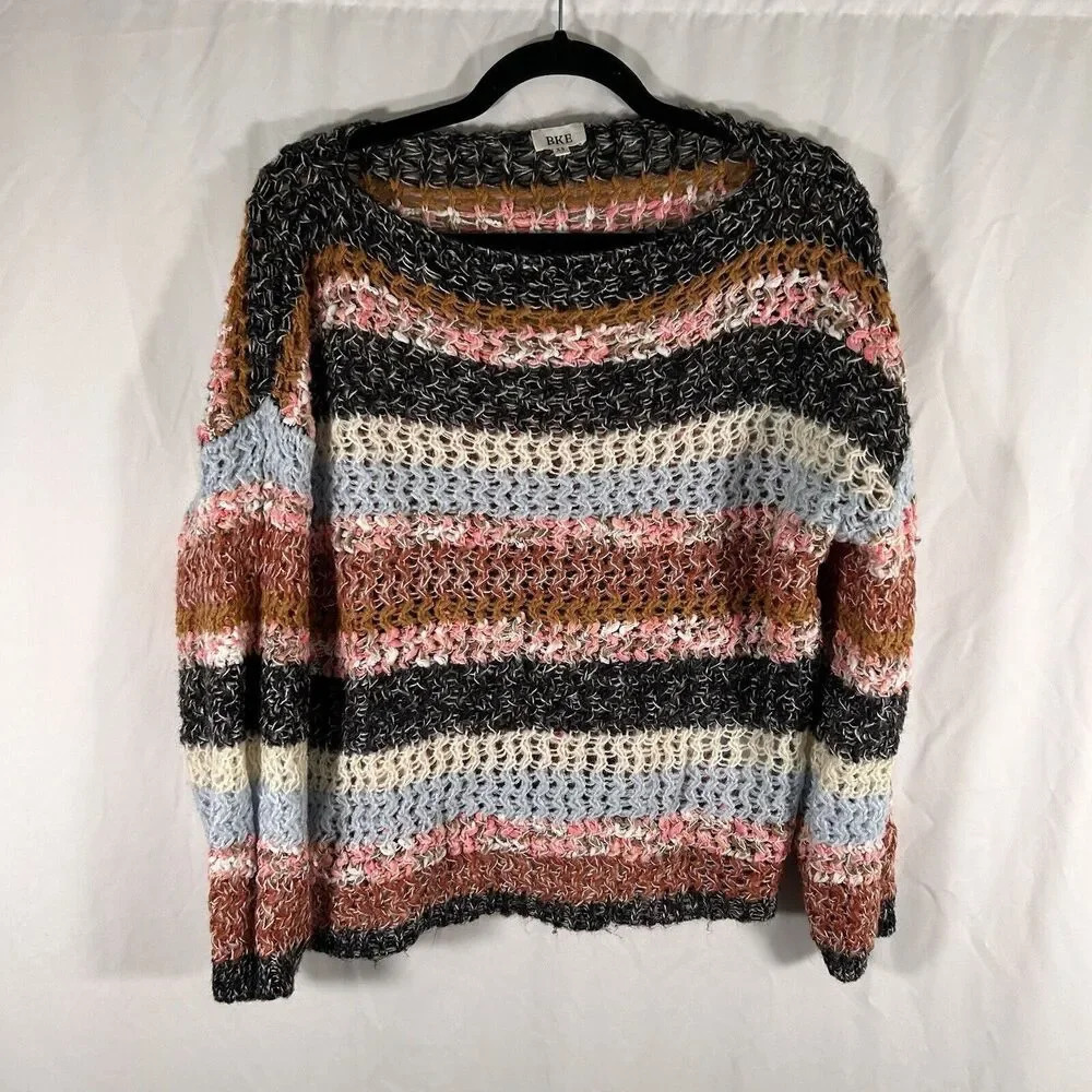 BKE Sweater Women's XS Multicolor Open Knit Long Sleeve Round Neck Pullover